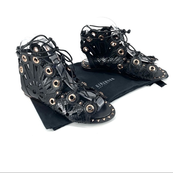 Ivy Kirzhner Barcelona Black Leather Low Gold Wedge Cutout Flat Sandals - Picture 1 of 7